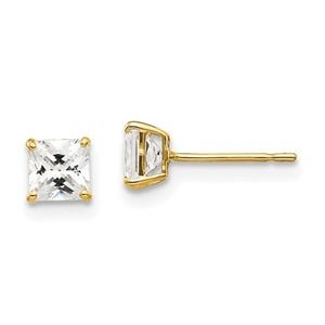 Solid 14K Yellow Gold Square Cubic Zirconia Stud Earrings Women Men 4mm